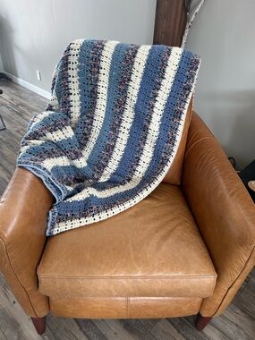 Handmade 5’ x 5.5’Striped Crochet Throw Blue Cream Blanket